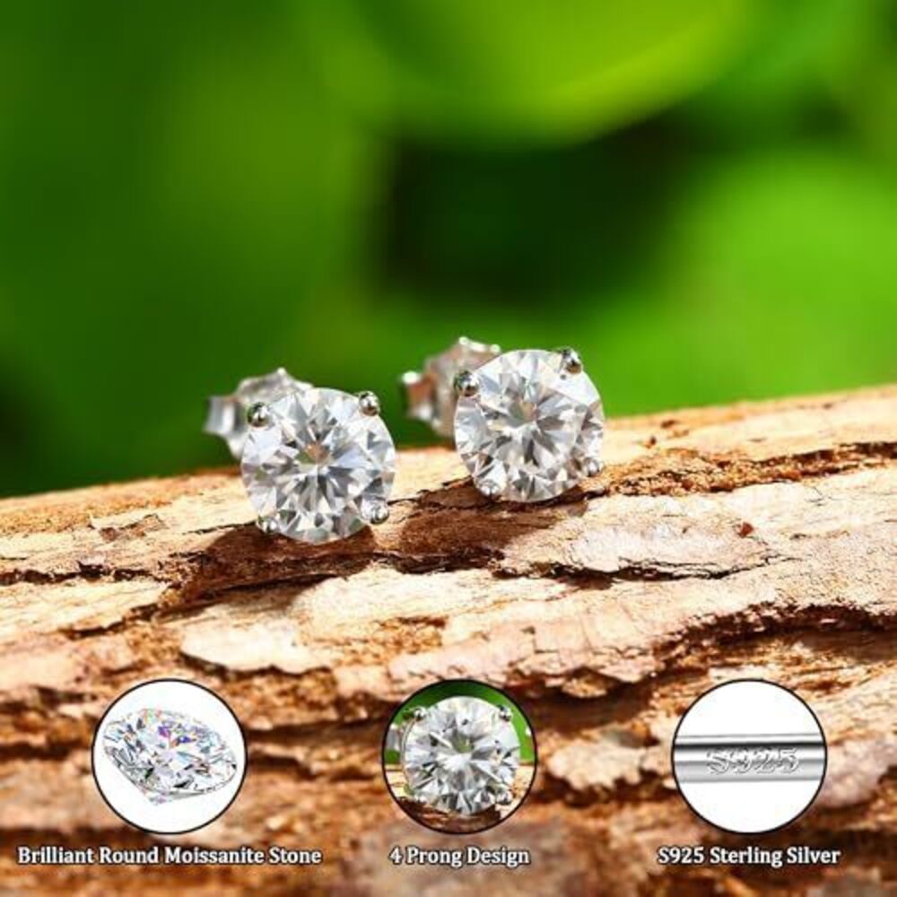 7260 Moissanite Stud Earrings : 18K White Gold Plated Solid 925 Sterling - Picture 5 of 7